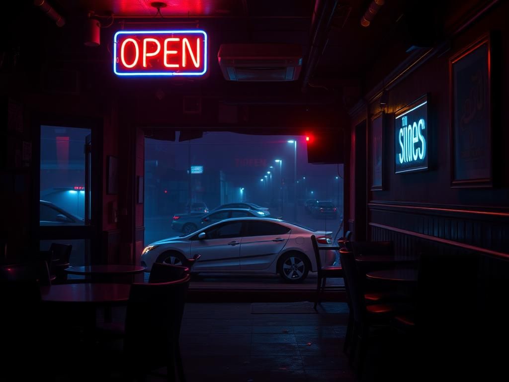 Flick International Dimly lit pub interior in Toronto with scattered furniture and broken glass after a shooting incident