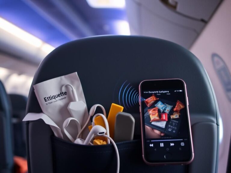 Flick International Close-up of an airplane seatback pocket with items showcasing travel etiquette