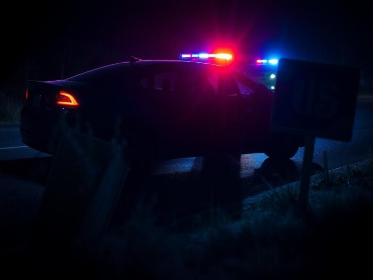 Flick International Dimly lit roadside scene at night with a police car's blue and red lights illuminating a parked vehicle