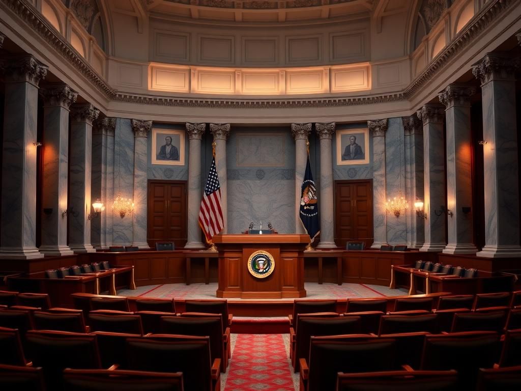 Flick International Interior view of the U.S. Capitol's House Chamber with iconic podium and flags