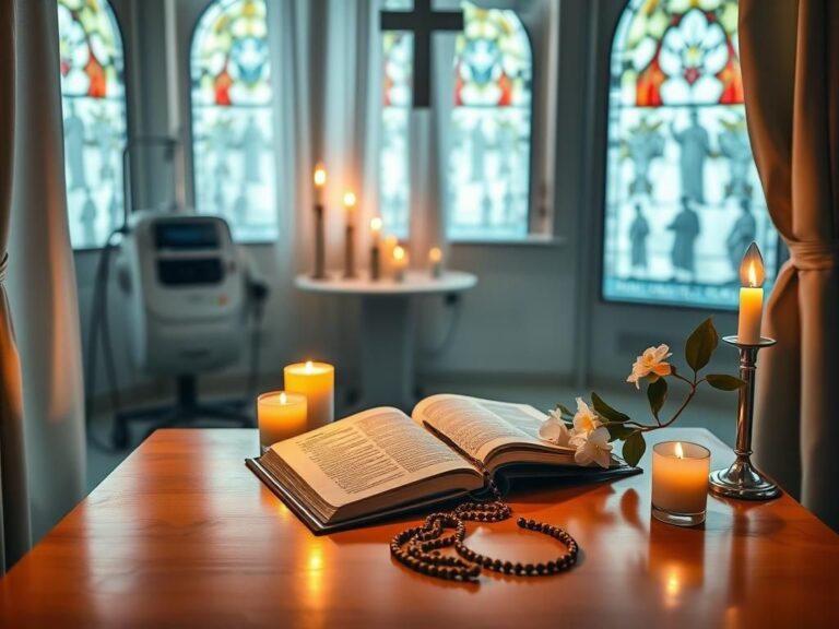 Flick International Tranquil chapel scene inside Gemelli Hospital with candles and flowers