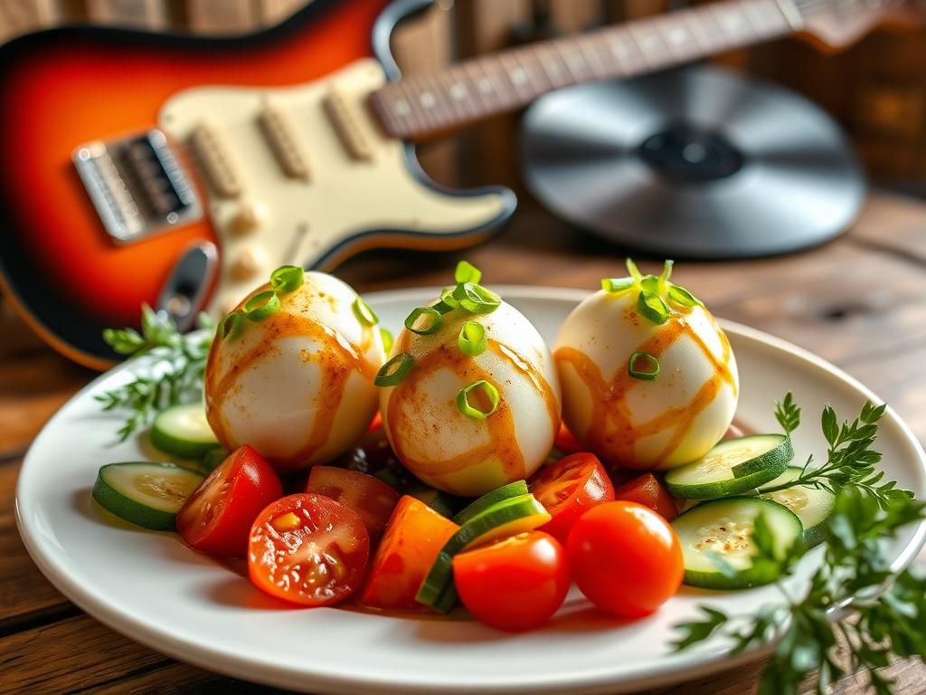 Flick International A beautifully arranged plate featuring boiled eggs marinated in soy sauce and rice wine vinegar with fresh vegetables.