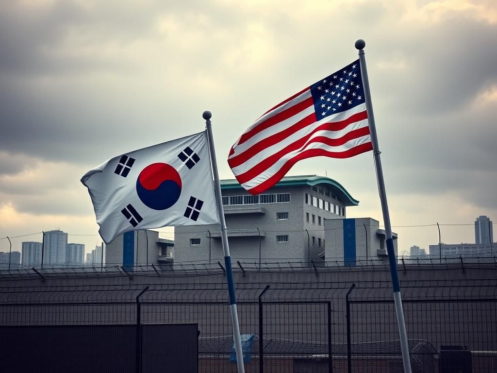 Flick International High-security prison building in Seoul with flags symbolizing political ties