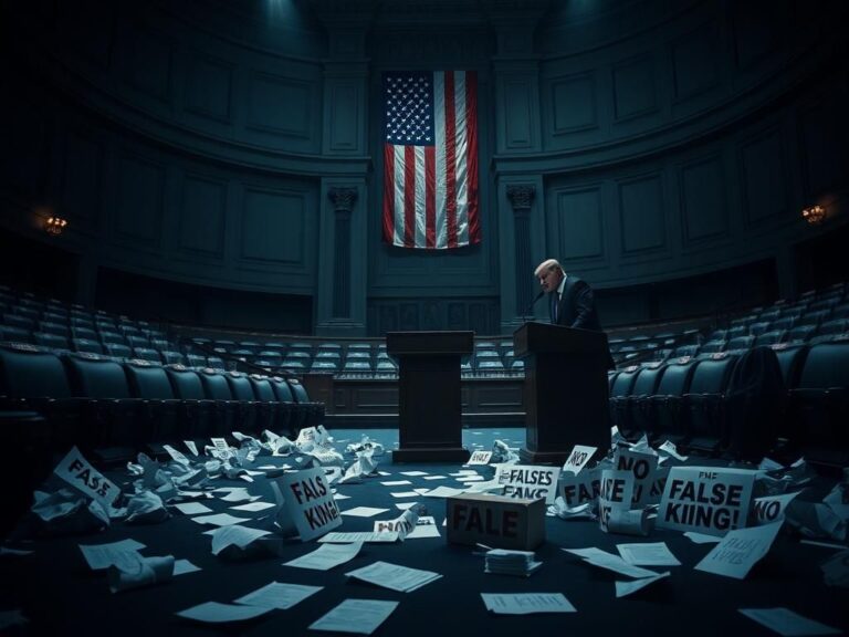 Flick International Empty congressional chamber with iconic podium featuring discarded protest signs and crumpled papers