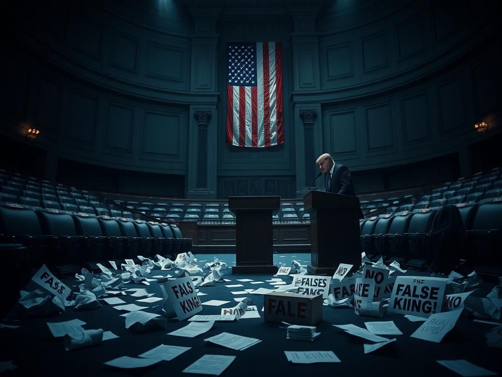 Flick International Empty congressional chamber with iconic podium featuring discarded protest signs and crumpled papers