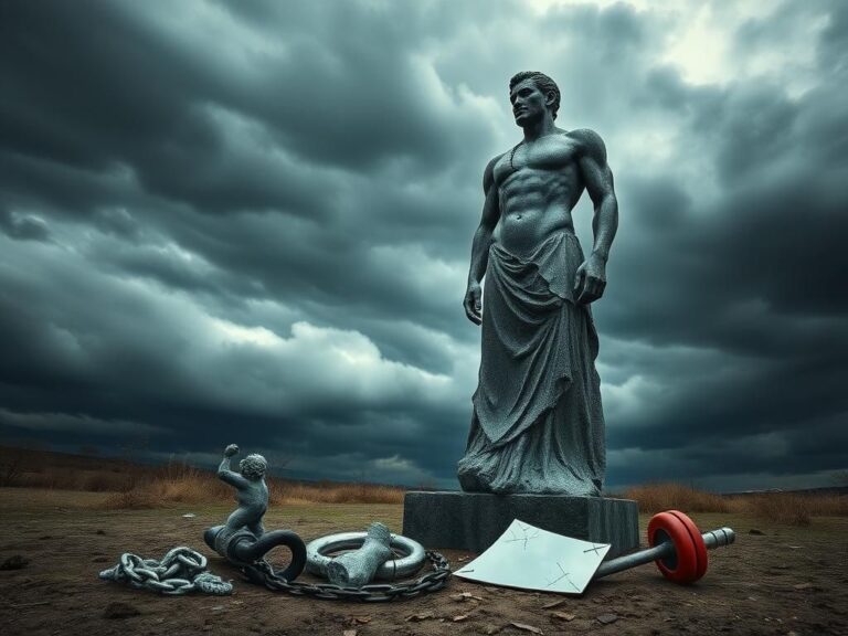 Flick International A dark, ominous landscape with a muscular stone sculpture symbolizing the conflict of masculinity