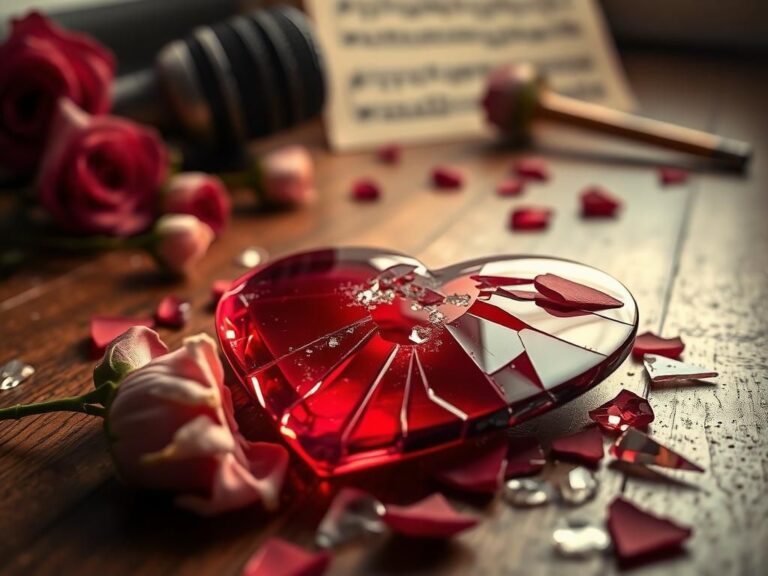 Flick International Close-up of a shattered glass heart surrounded by wilted roses symbolizing heartbreak