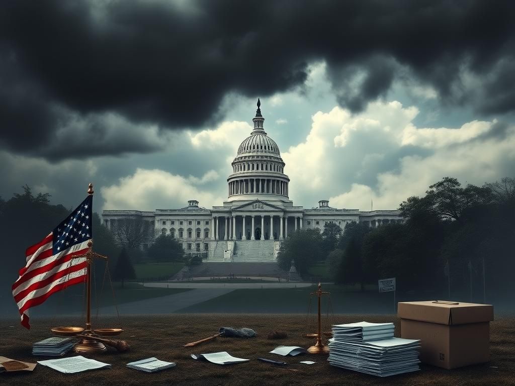 Flick International Stormy political landscape with Capitol building under dark clouds