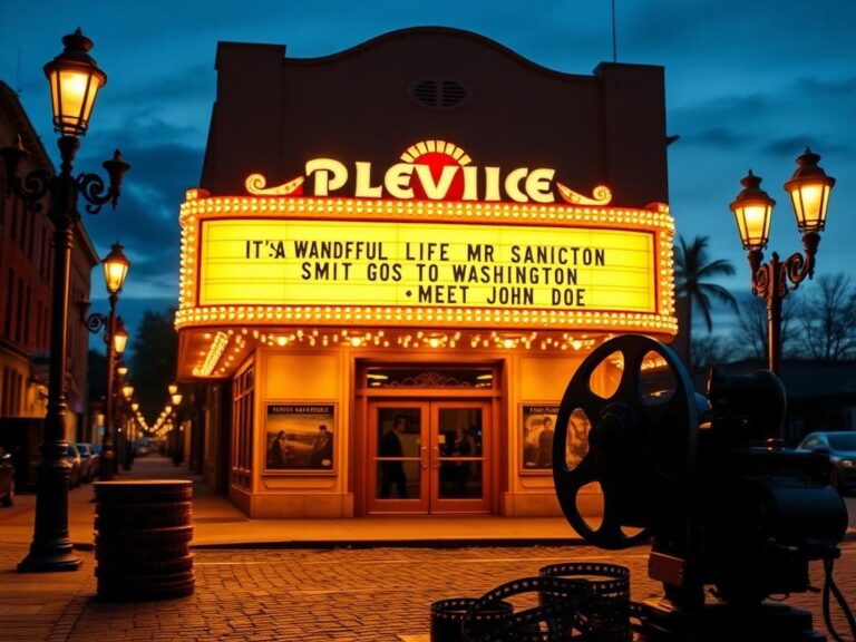 Flick International Vintage movie theater marquee illuminated at dusk displaying classic films