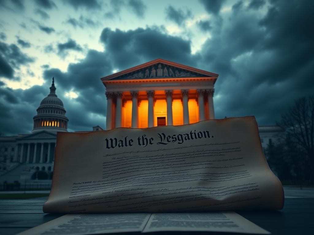 Flick International U.S. Supreme Court building at dusk with dark clouds and an unfurling constitution document