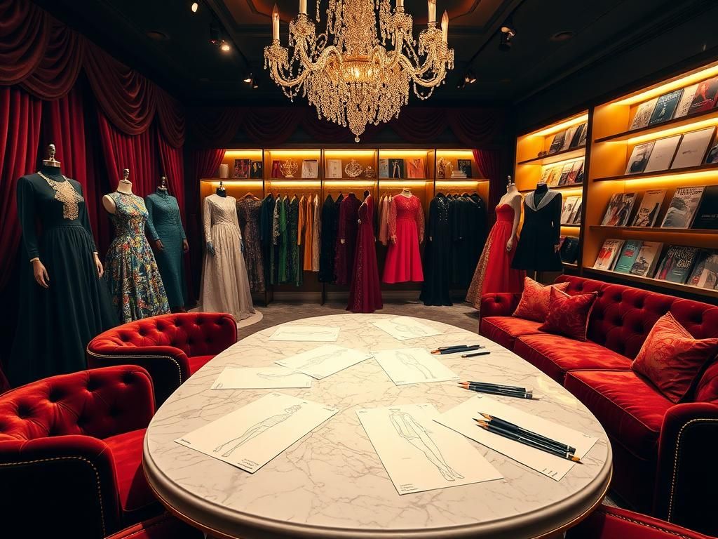 Flick International Luxurious fashion studio interior showcasing designer garments and opulent decor.