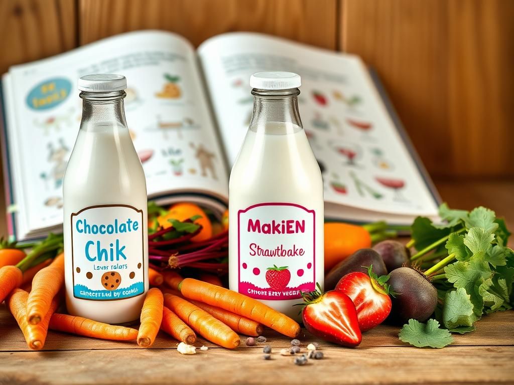 Flick International Still life of two milk bottles with hidden vegetable flavors surrounded by carrots and beets