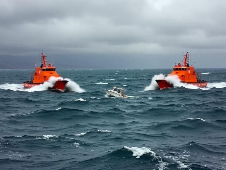 Flick International Small white boat struggling against the turbulent California coast near Point Loma