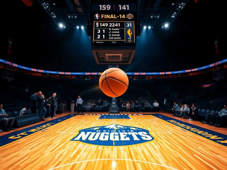 Flick International Vibrant basketball court scene with Denver Nuggets logo and scoreboard displaying Nikola Jokic's historic game stats