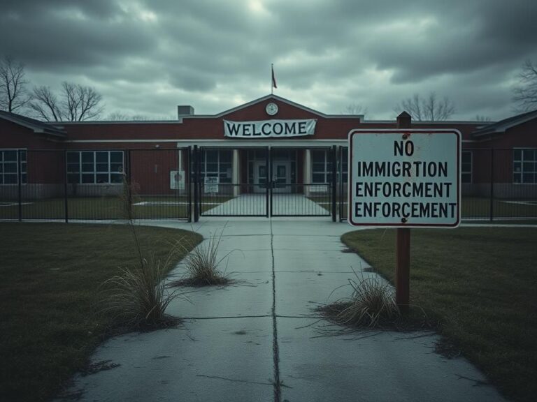 Flick International Empty school playground under a gray sky with closed gates