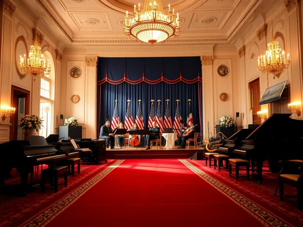 Flick International Grand interior of the White House's East Room with military décor and stage set for a musical performance