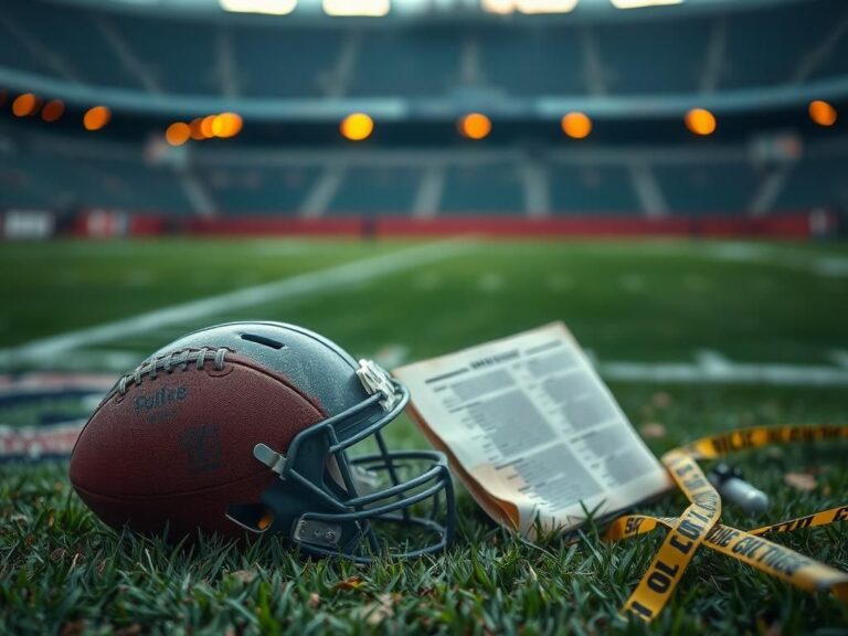 Flick International Distressed football helmet and playbook on a football field with caution tape