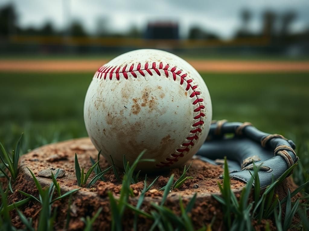 Flick International Close-up view of a well-used baseball on a worn pitcher's mound under overcast skies