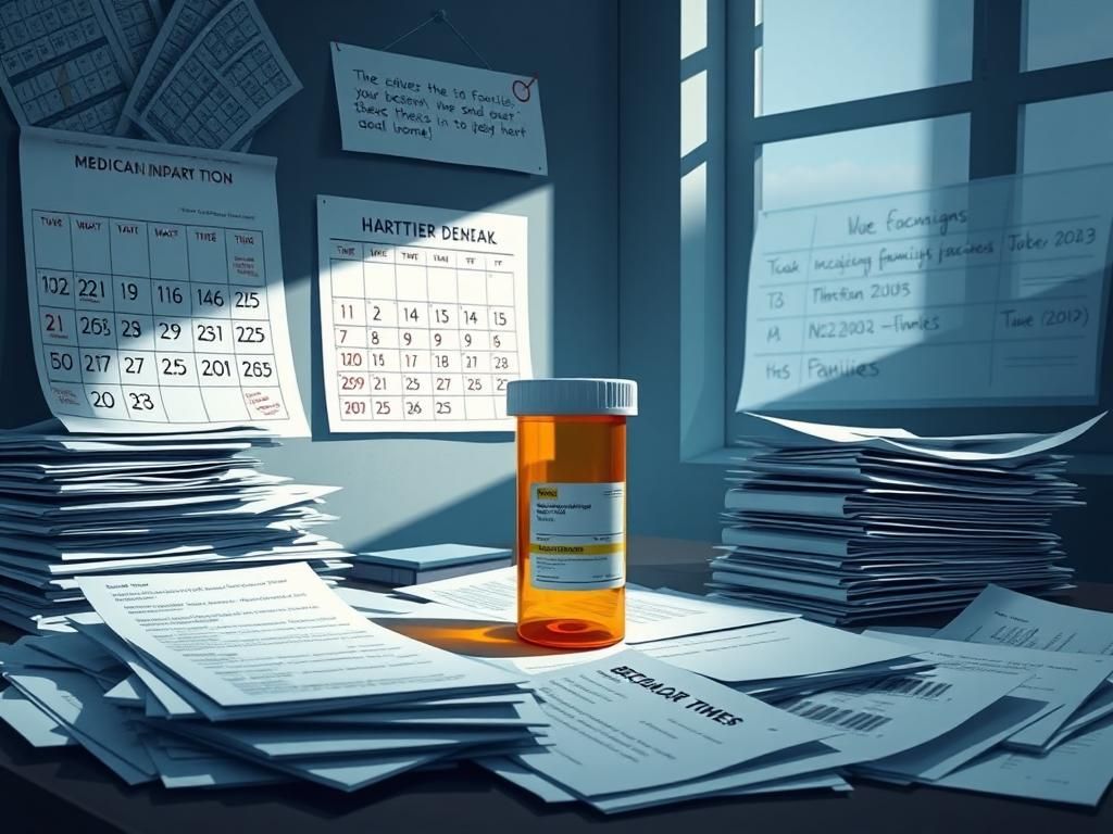 Flick International Prescription bottle on a cluttered desk with paperwork symbolizing medication access struggles