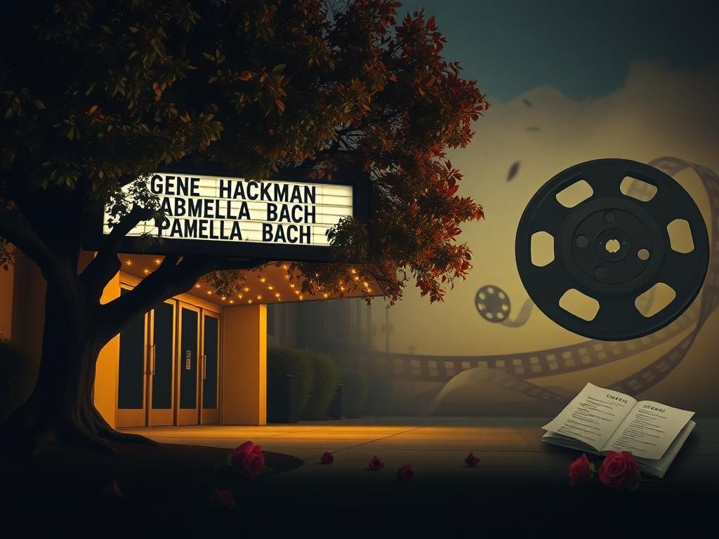 Flick International Elegant cinema marquee honoring Gene Hackman and Pamela Bach surrounded by autumn leaves and roses