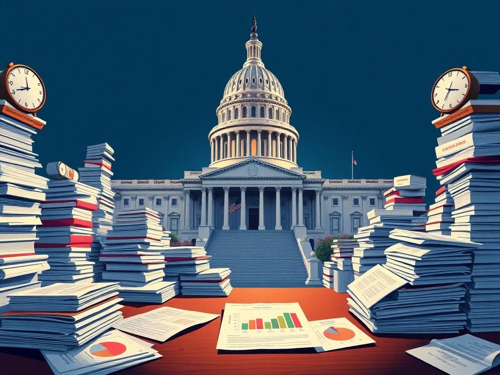 Flick International Detailed illustration of the United States Capitol building surrounded by government documents and bills