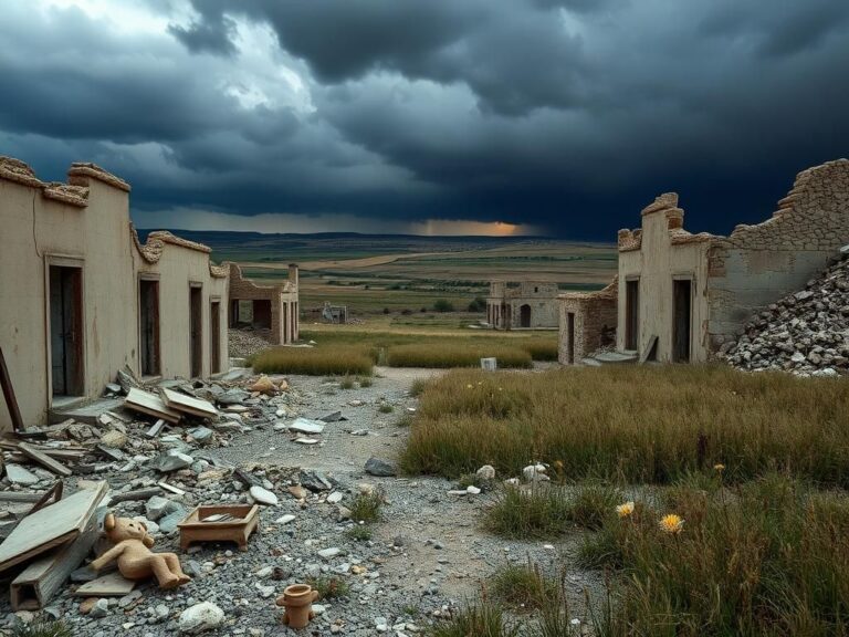 Flick International Desolate landscape in war-torn Syria showcasing crumbling buildings and signs of violence