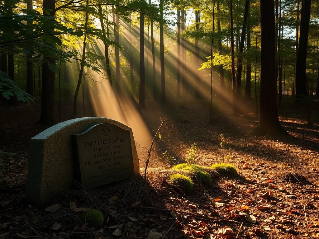 Flick International Serene wooded area in Georgia with dappled sunlight and unmarked stone memorial