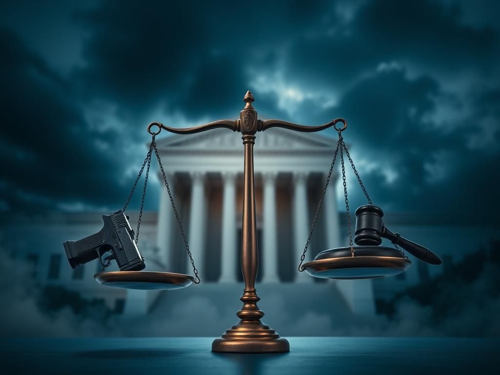 Flick International Dramatic scales of justice with a handgun and gavel symbolizing the debate over gun laws