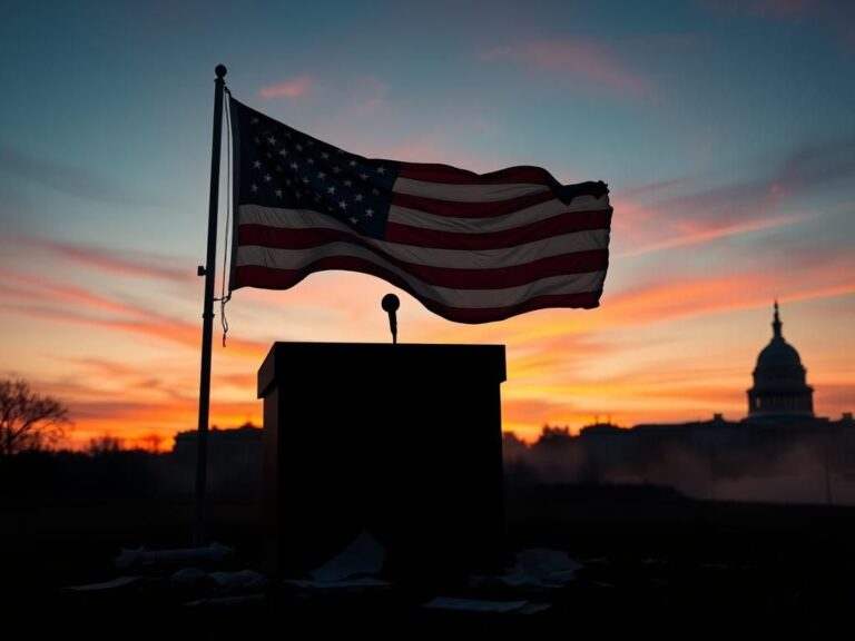 Flick International Worn American flag against a twilight sky symbolizing conflict and division