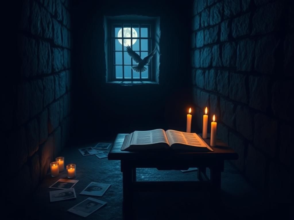 Flick International A dimly lit prison cell with a Bible and flickering candles