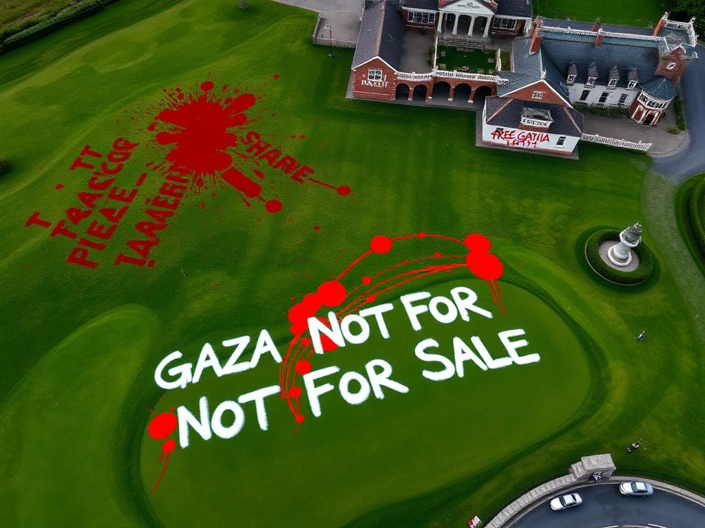 Flick International Aerial view of Turnberry golf resort showing vandalism with graffiti messages on clubhouse and ground