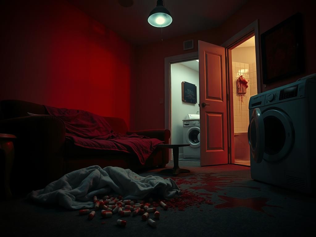 Flick International Dimly lit interior of a chaotic Las Vegas apartment depicting violence and despair