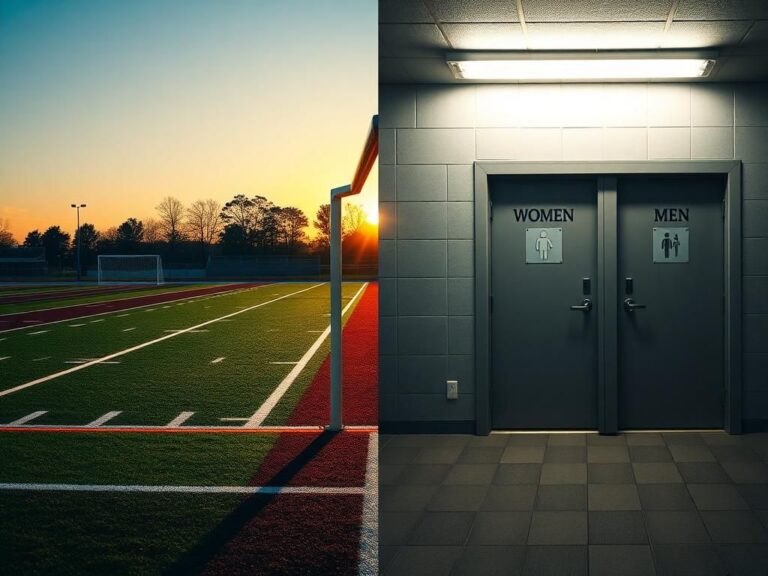 Flick International Split scene of a high school sports field and restroom entrance, highlighting the controversy surrounding trans athletes.