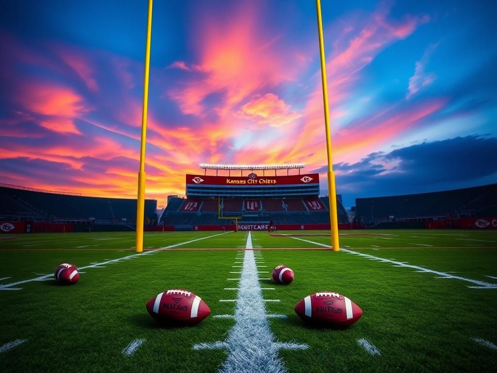 Flick International A dramatic football field scene under a vibrant twilight sky with goalposts and footballs