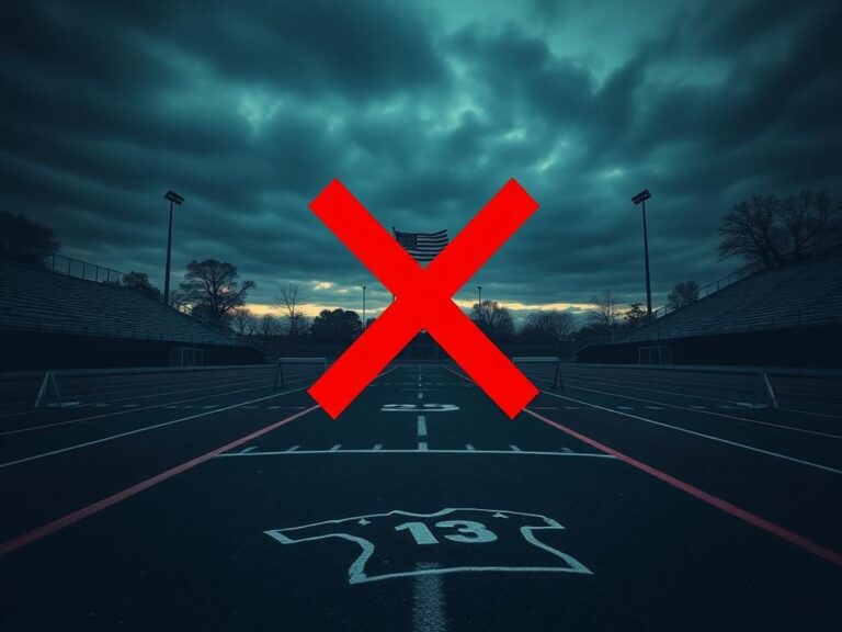 Flick International Twilight sports field with empty hurdles and a red 'X' symbol, representing controversy in sports