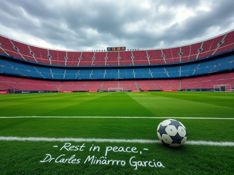 Flick International Lluís Companys Olympic Stadium with empty stands and memorial inscription for Dr. Carles Miñarro Garcia