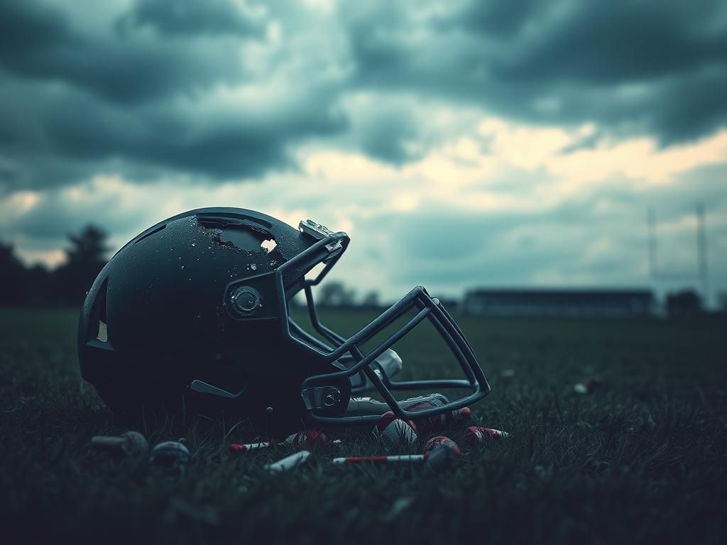 Flick International A shattered football helmet on a grassy field under a stormy sky, symbolizing conflict.