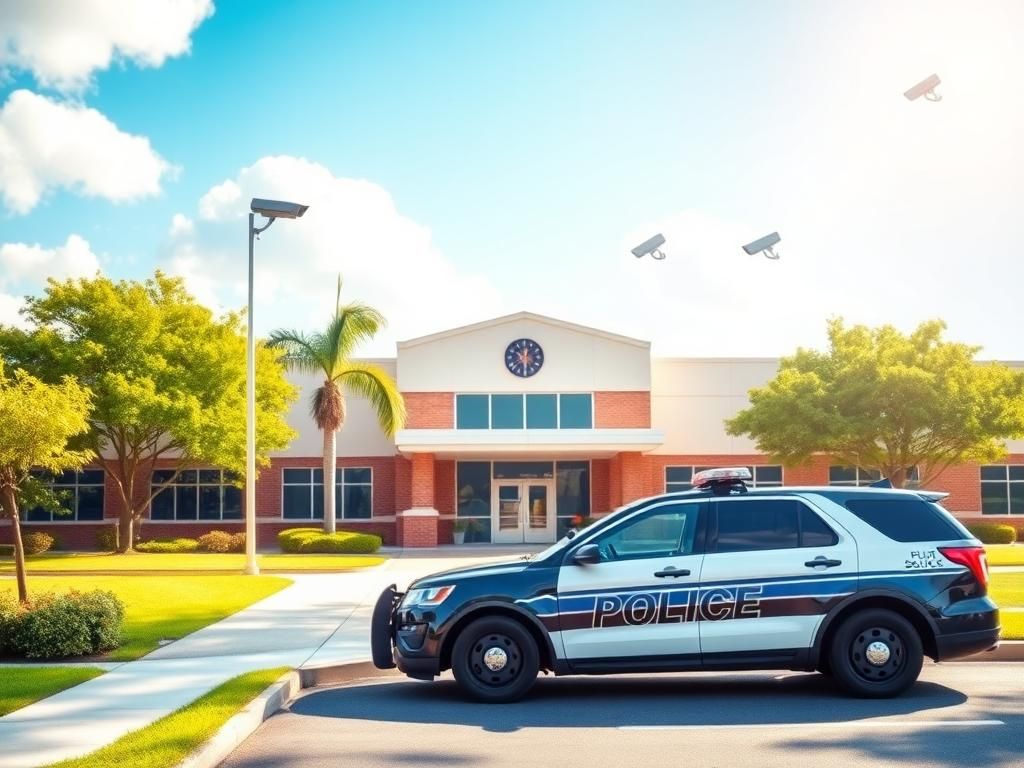 Flick International Modern Florida school building showcasing fortified entry points and a police car symbolizing safety measures