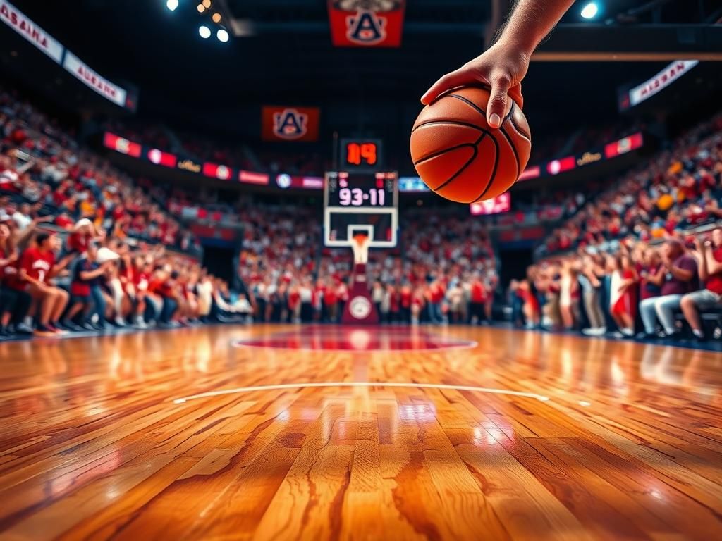 Flick International Dynamic basketball court scene capturing a buzzer-beater moment during the Alabama vs. Auburn game