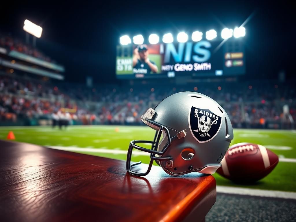 Flick International A Raiders helmet on a bench in a vibrant football stadium at night