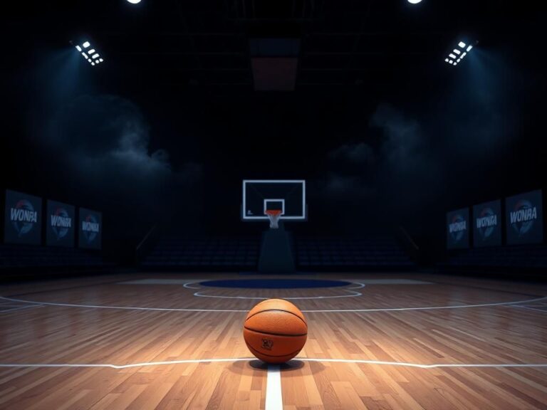 Flick International Empty basketball court with spotlight on a single basketball, symbolizing player negotiations