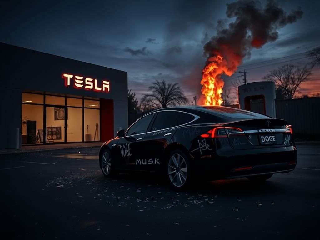 Flick International Vandalized Tesla dealership with graffiti and shattered windows at dusk