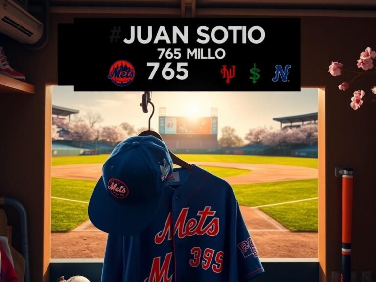 Flick International A vibrant baseball field scene featuring a New York Mets cap and jersey in a locker, symbolizing Juan Soto's free agency opportunities.