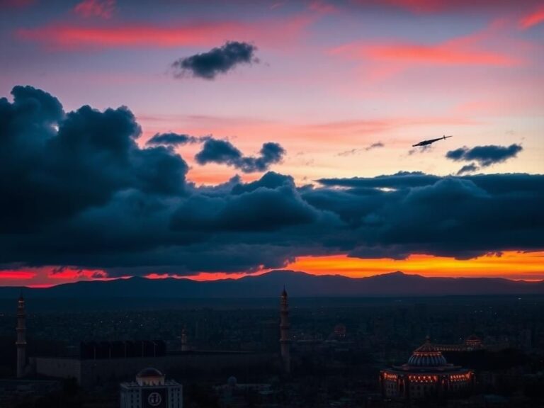 Flick International Panoramic view of Tehran's skyline at dusk with ominous clouds