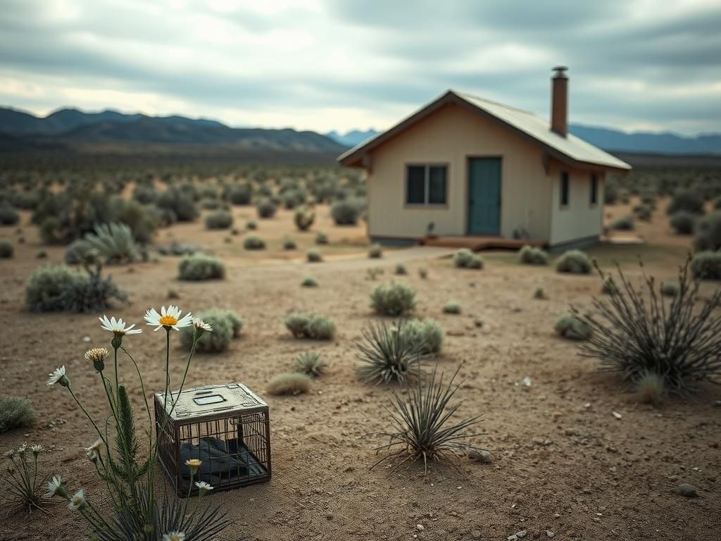 Flick International A serene New Mexico home with a weathered dog crate in the foreground