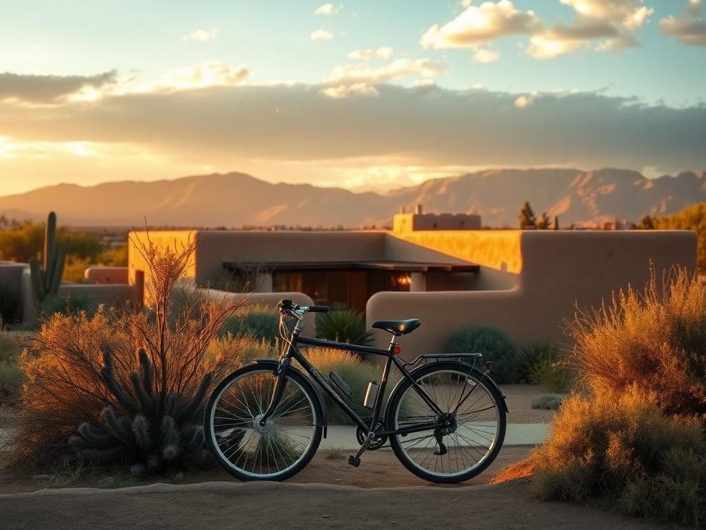 Flick International Serene landscape of Santa Fe, New Mexico, showcasing an adobe-style home and a vintage bicycle