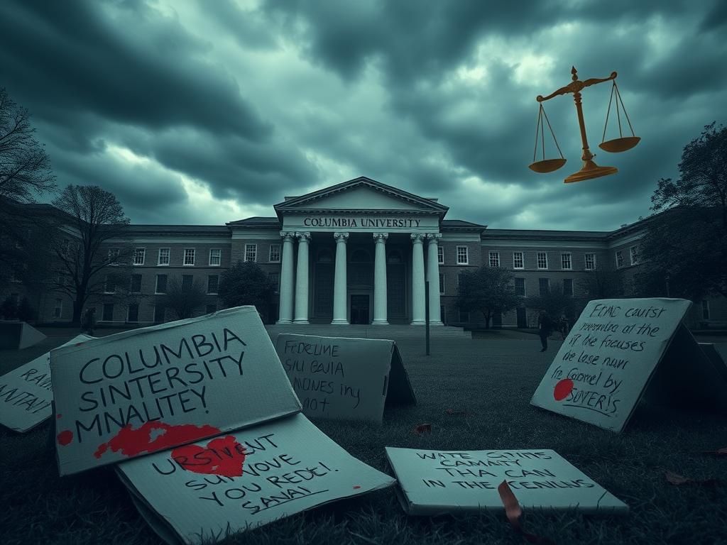 Flick International Exterior view of Columbia University with protest signs highlighting student dissent