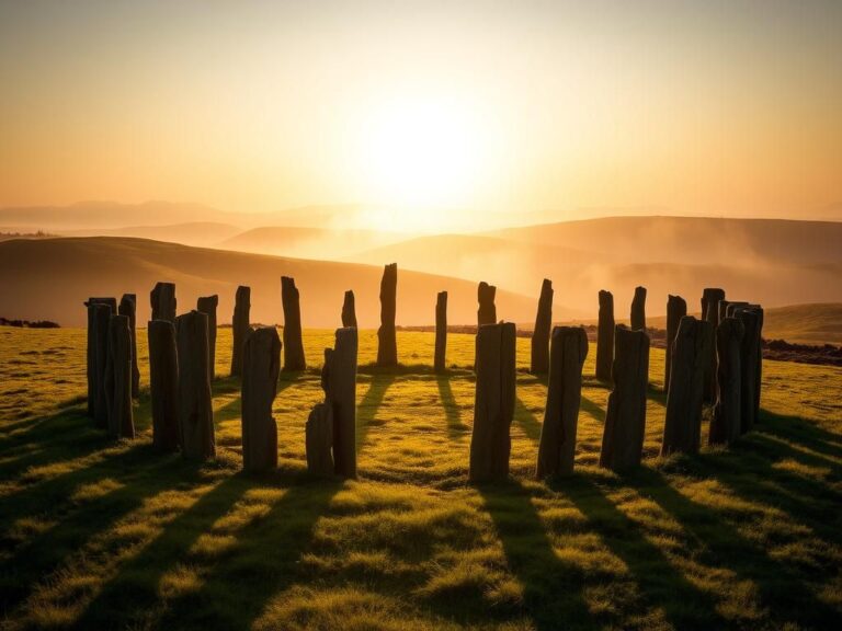 Flick International Neolithic Timber Circle in Denmark at dawn surrounded by green grass and hills