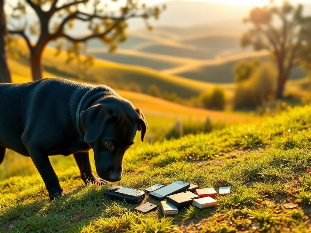 Flick International Black Labrador retriever sniffing electronic devices in a California landscape