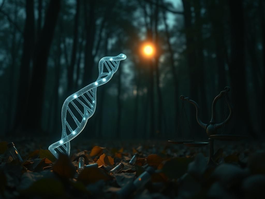 Flick International A dark, serene forest at dusk with a luminous DNA strand and vials representing evidence collection